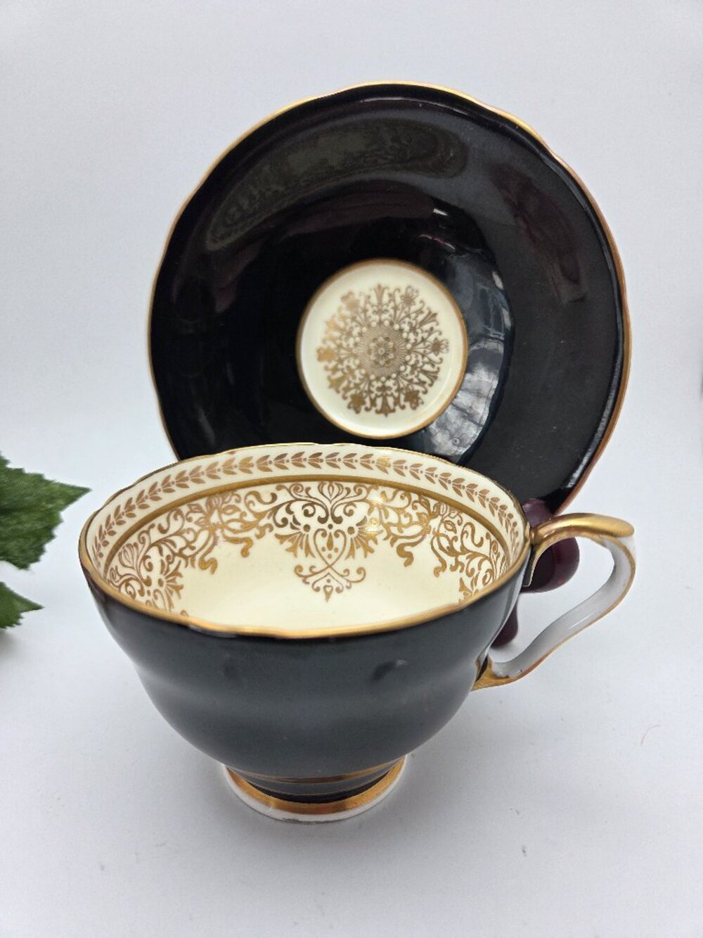 Vintage Aynsley Tea Cup and Saucer BLACK 1934 - 1950's Fine Bone China Gold Trim